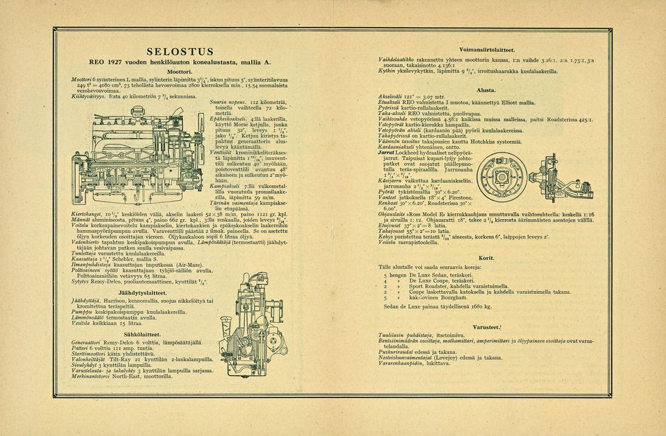 tehollista hevosvoimaa 2800 kierroksella min, 1554 suomalaista verohevosvoimaa Kiihtyväisyys B:sta 40 kilometriin 7 3 /4 sekunnissa Suurin nopeus 112 kilometriä, s\ toisella vaihteella 72 kilojqi / X