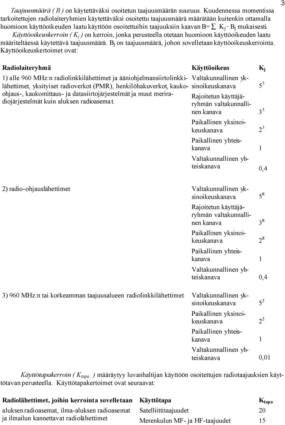 j B j mukaisesti. Käyttöoikeuskerroin ( K j ) on kerroin, jonka perusteella otetaan huomioon käyttöoikeuden laatu määriteltäessä käytettävä taajuusmäärä.