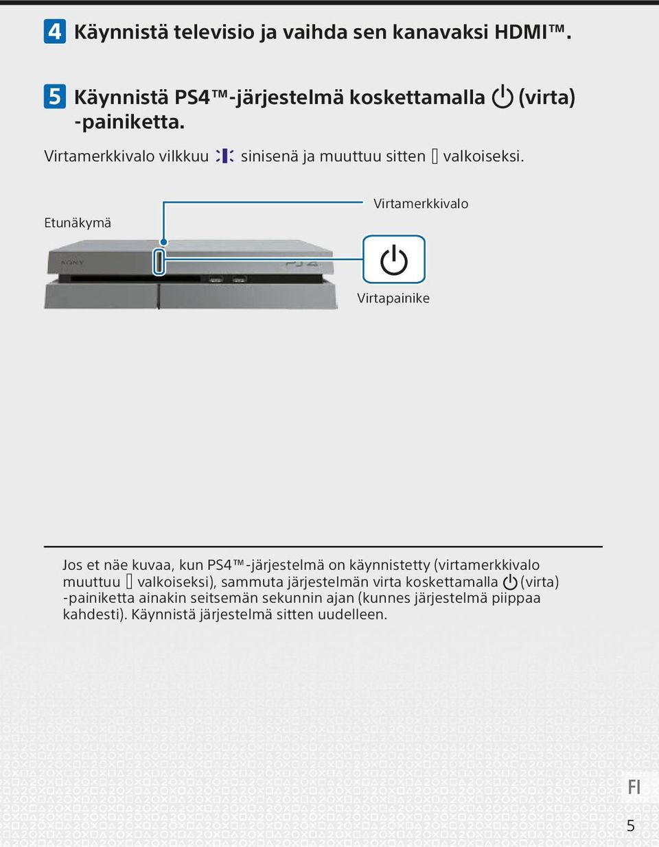 Etunäkymä Virtamerkkivalo Virtapainike Jos et näe kuvaa, kun PS4 -järjestelmä on käynnistetty (virtamerkkivalo muuttuu