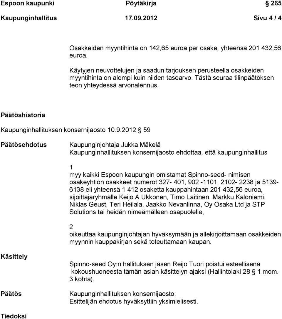 Päätöshistoria Kaupunginhallituksen konsernijaosto 10.9.