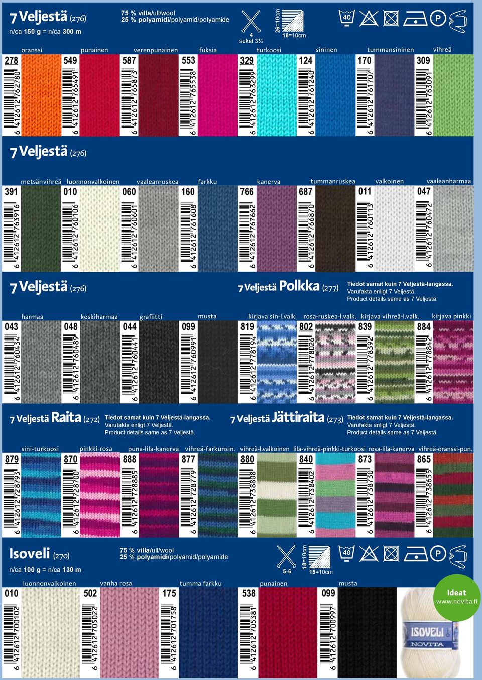 samat kuin 7 Veljestä-langassa. Varufakta enligt 7 Veljestä. Product details same as 7 Veljestä. harmaa keskiharmaa grafiitti musta kirjava sin-l.valk.