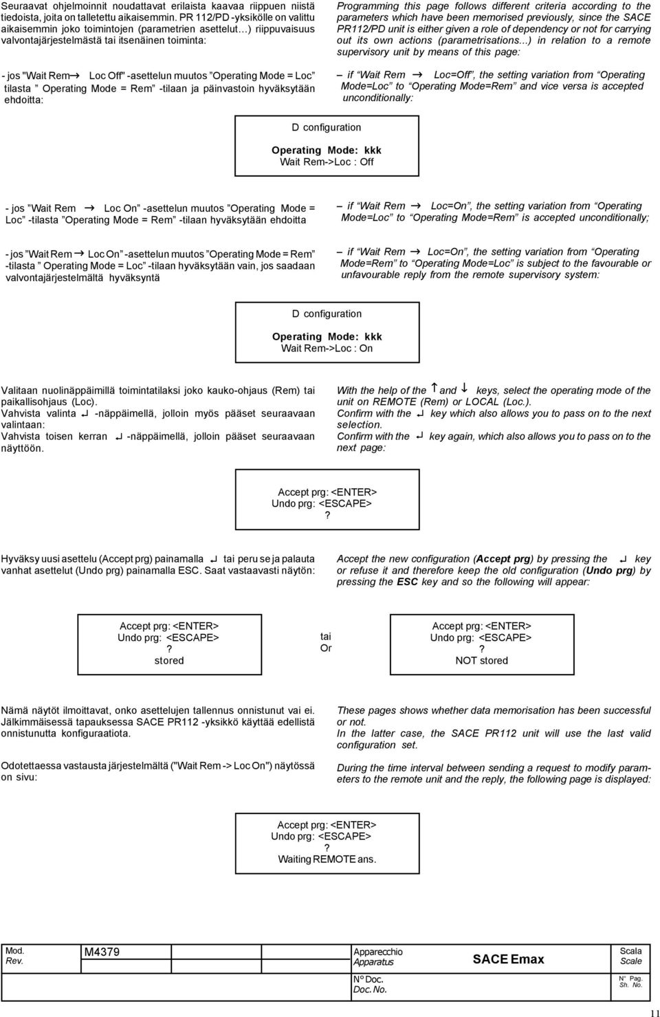 Operating Mode = Loc tilasta Operating Mode = Rem -tilaan ja päinvastoin hyväksytään ehdoitta: Programming this page follows different criteria according to the parameters which have been memorised