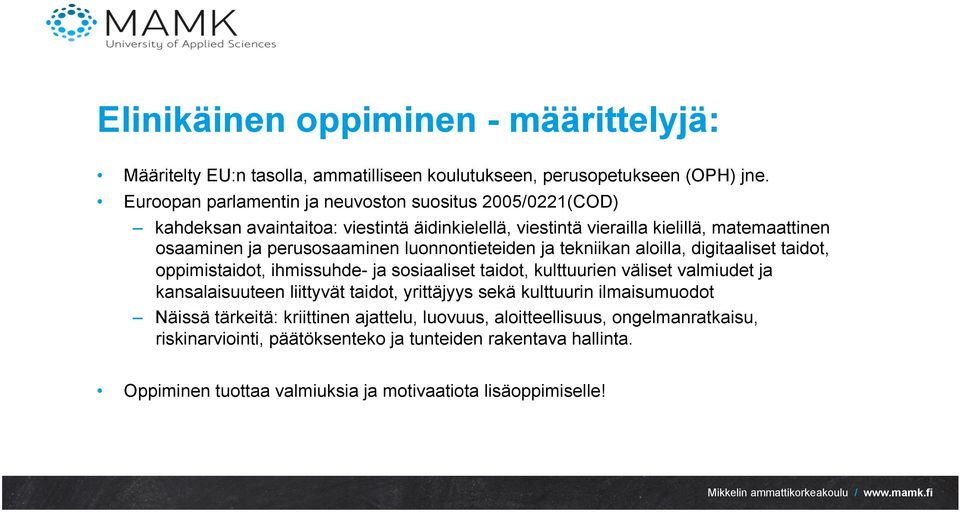 luonnontieteiden ja tekniikan aloilla, digitaaliset taidot, oppimistaidot, ihmissuhde- ja sosiaaliset taidot, kulttuurien väliset valmiudet ja kansalaisuuteen liittyvät taidot,