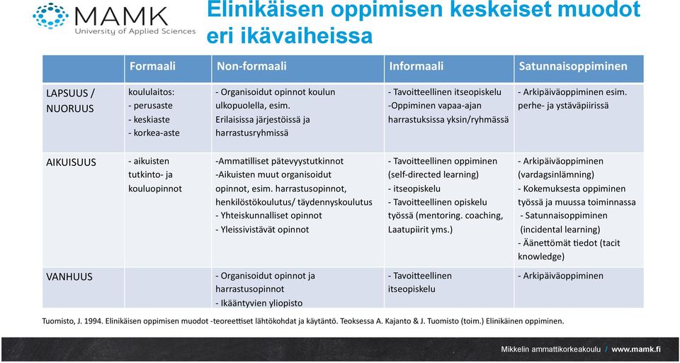 perhe- ja ystäväpiirissä AIKUISUUS - aikuisten tutkinto- ja kouluopinnot - Amma8lliset pätevyystutkinnot - Aikuisten muut organisoidut opinnot, esim.