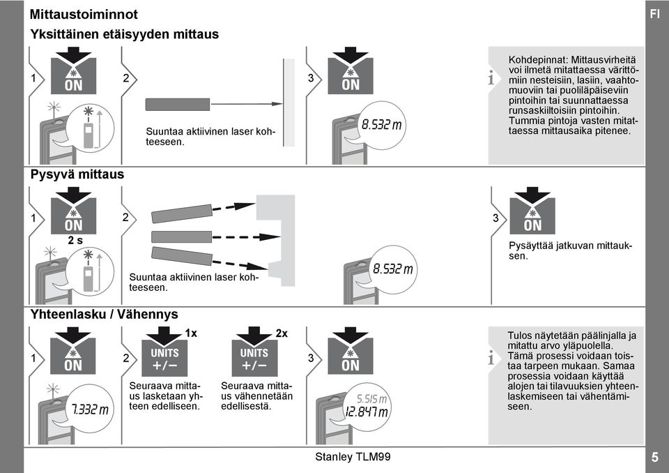 Tummia pintoja vasten mitattaessa mittausaika pitenee. Pysyvä mittaus 3 s Suuntaa aktiivinen laser kohteeseen. 8.53 m Pysäyttää jatkuvan mittauksen. Yhteenlasku / Vähennys 7.