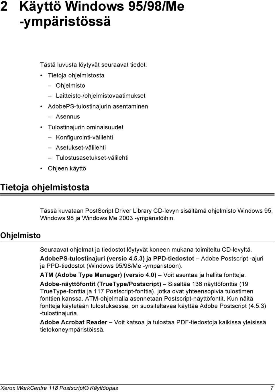 ohjelmisto Windows 95, Windows 98 ja Windows Me 2003 -ympäristöihin. Ohjelmisto Seuraavat ohjelmat ja tiedostot löytyvät koneen mukana toimiteltu CD-levyltä. AdobePS-tulostinajuri (versio 4.5.3) ja PPD-tiedostot Adobe Postscript -ajuri ja PPD-tiedostot (Windows 95/98/Me -ympäristöön).