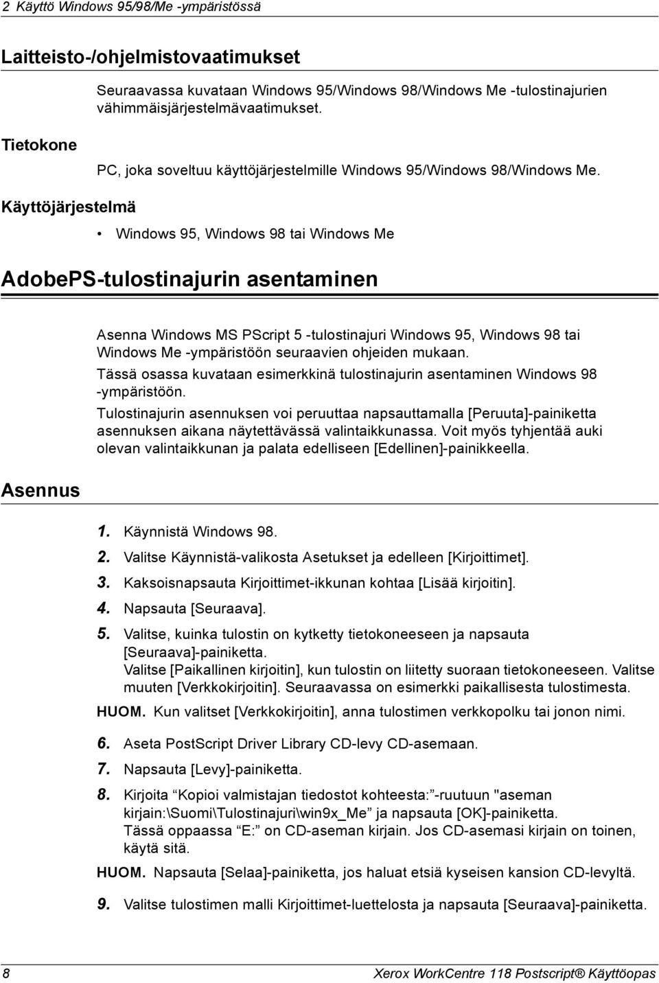 Windows 95, Windows 98 tai Windows Me AdobePS-tulostinajurin asentaminen Asennus Asenna Windows MS PScript 5 -tulostinajuri Windows 95, Windows 98 tai Windows Me -ympäristöön seuraavien ohjeiden