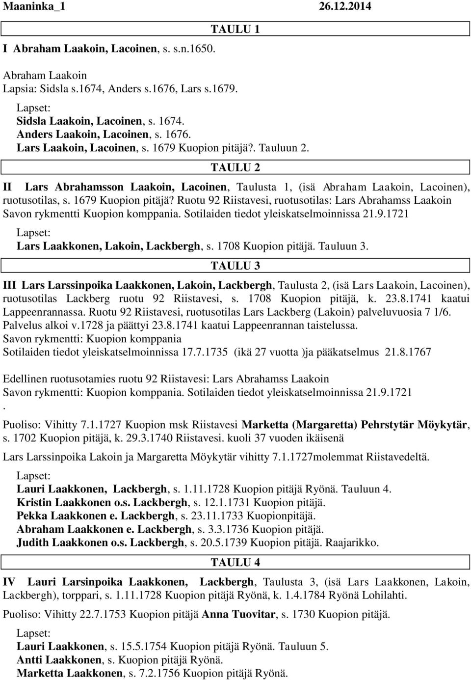 TAULU 2 II Lars Abrahamsson Laakoin, Lacoinen, Taulusta 1, (isä Abraham Laakoin, Lacoinen), ruotusotilas, s. 1679 Kuopion pitäjä?