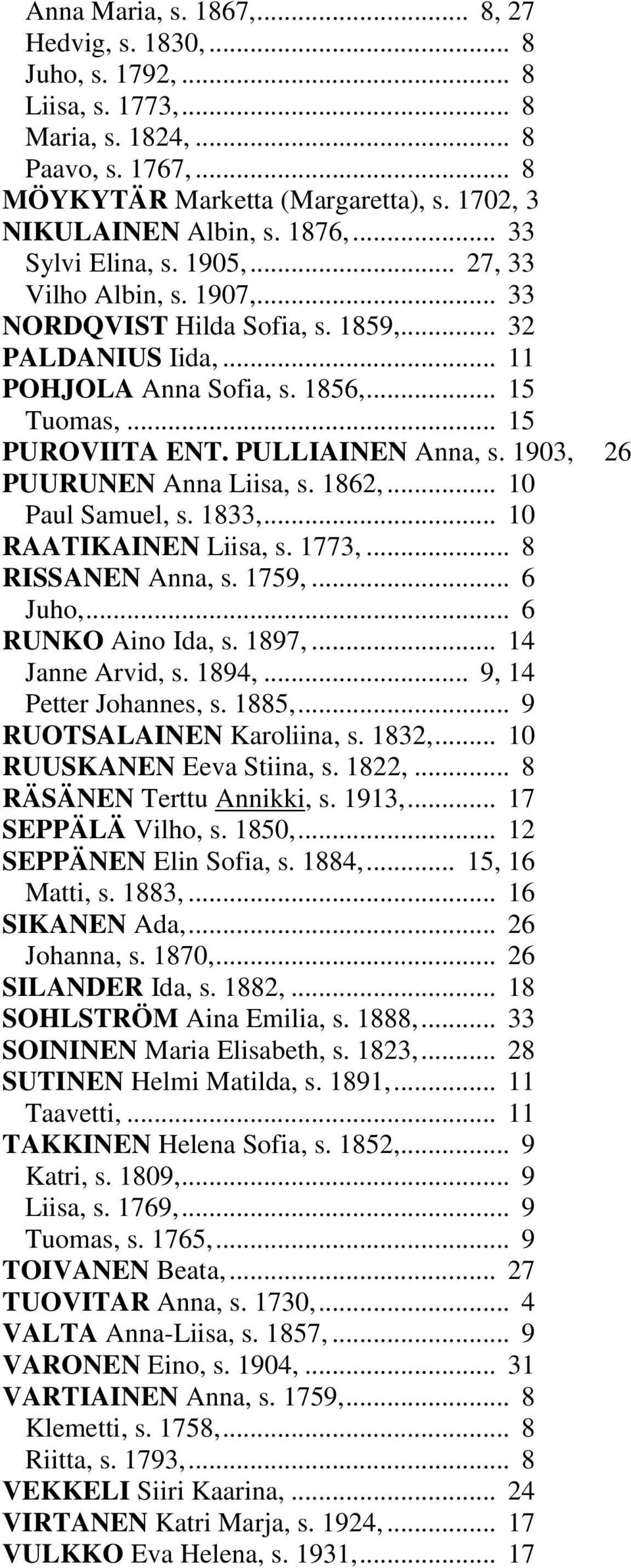 PULLIAINEN Anna, s. 1903, 26 PUURUNEN Anna Liisa, s. 1862,... 10 Paul Samuel, s. 1833,... 10 RAATIKAINEN Liisa, s. 1773,... 8 RISSANEN Anna, s. 1759,... 6 Juho,... 6 RUNKO Aino Ida, s. 1897,.