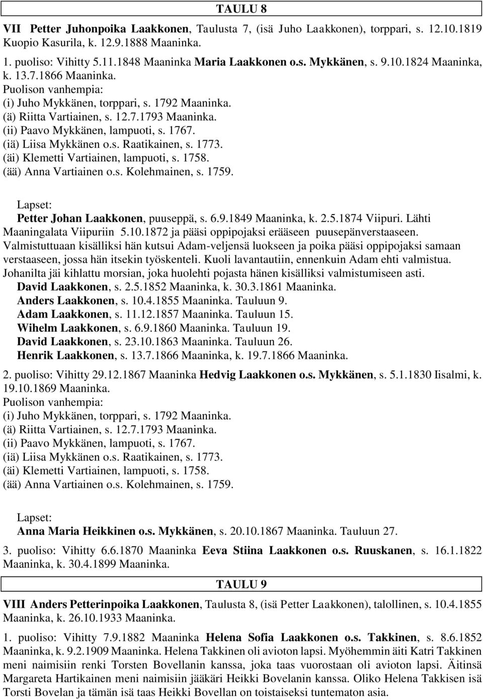 1773. (äi) Klemetti Vartiainen, lampuoti, s. 1758. (ää) Anna Vartiainen o.s. Kolehmainen, s. 1759. Petter Johan Laakkonen, puuseppä, s. 6.9.1849 Maaninka, k. 2.5.1874 Viipuri.