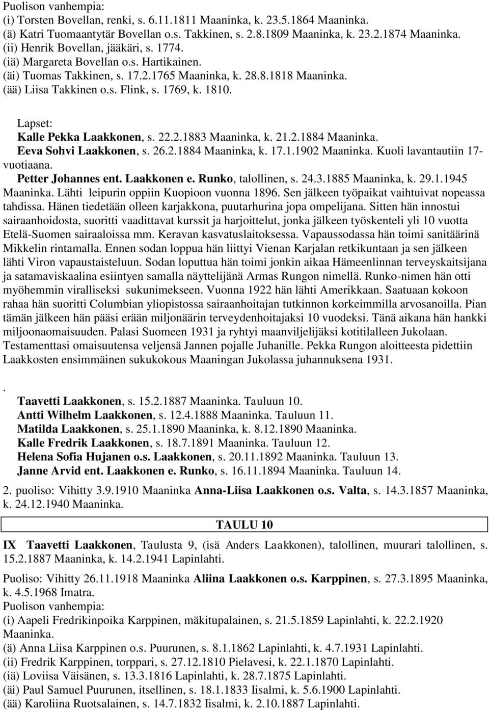 21.2.1884 Maaninka. Eeva Sohvi Laakkonen, s. 26.2.1884 Maaninka, k. 17.1.1902 Maaninka. Kuoli lavantautiin 17- vuotiaana. Petter Johannes ent. Laakkonen e. Runko, talollinen, s. 24.3.1885 Maaninka, k.
