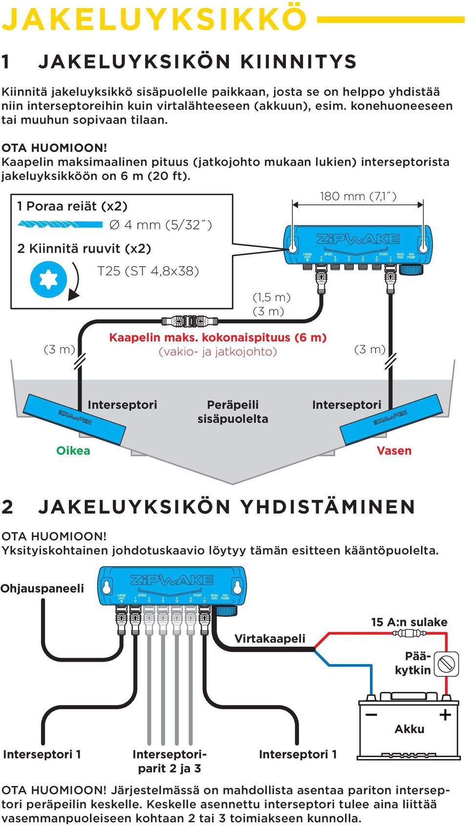 1 Poraa reiät (x2) Ø 4 mm (5/32 ) 180 mm (7,1 ) 2 Kiinnitä ruuvit (x2) T25 (ST 4,8x38) (1,5 m) (3 m) Kaapelin maks.