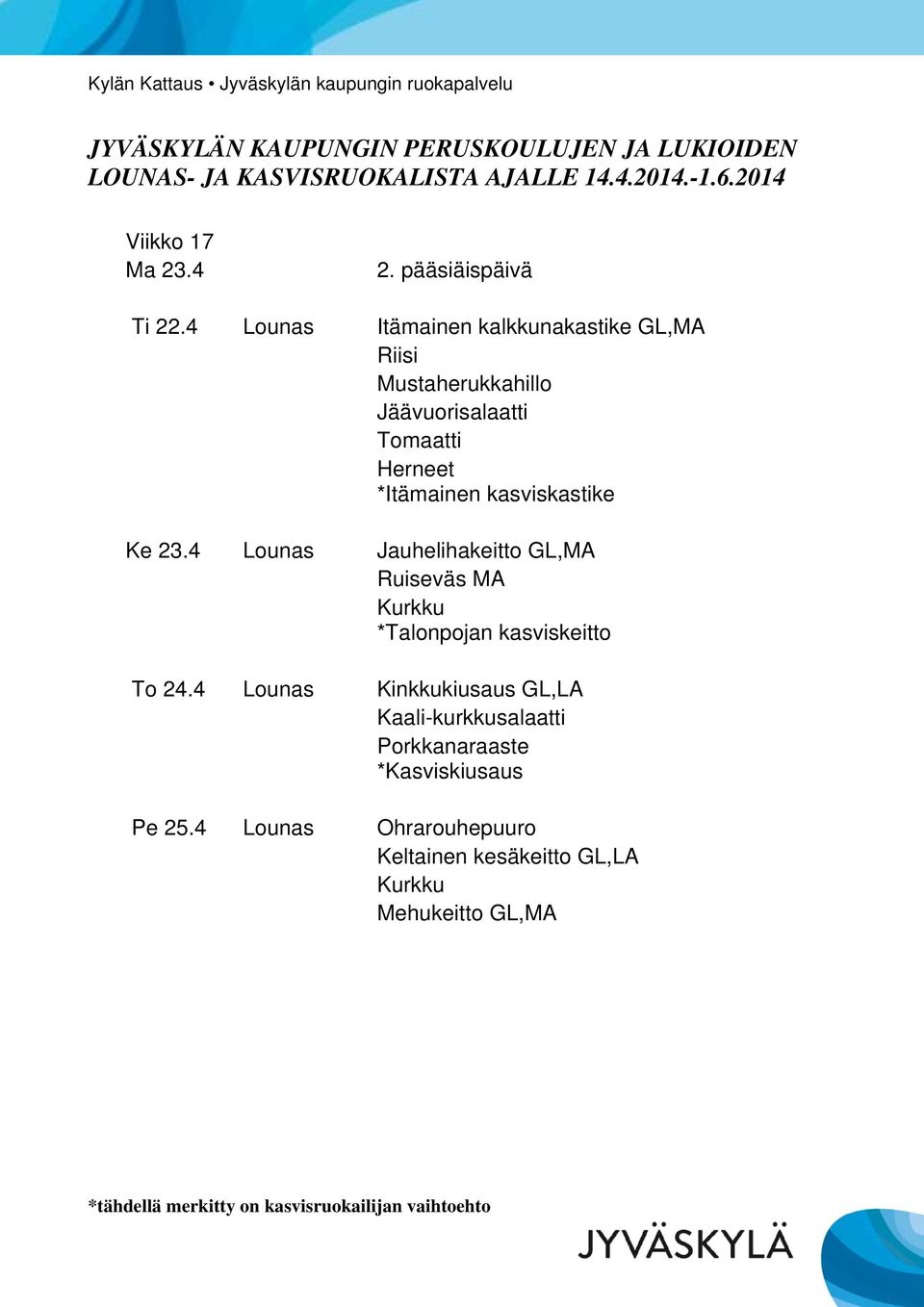 kasviskastike Ke 23.4 Lounas Jauhelihakeitto GL,MA *Talonpojan kasviskeitto To 24.