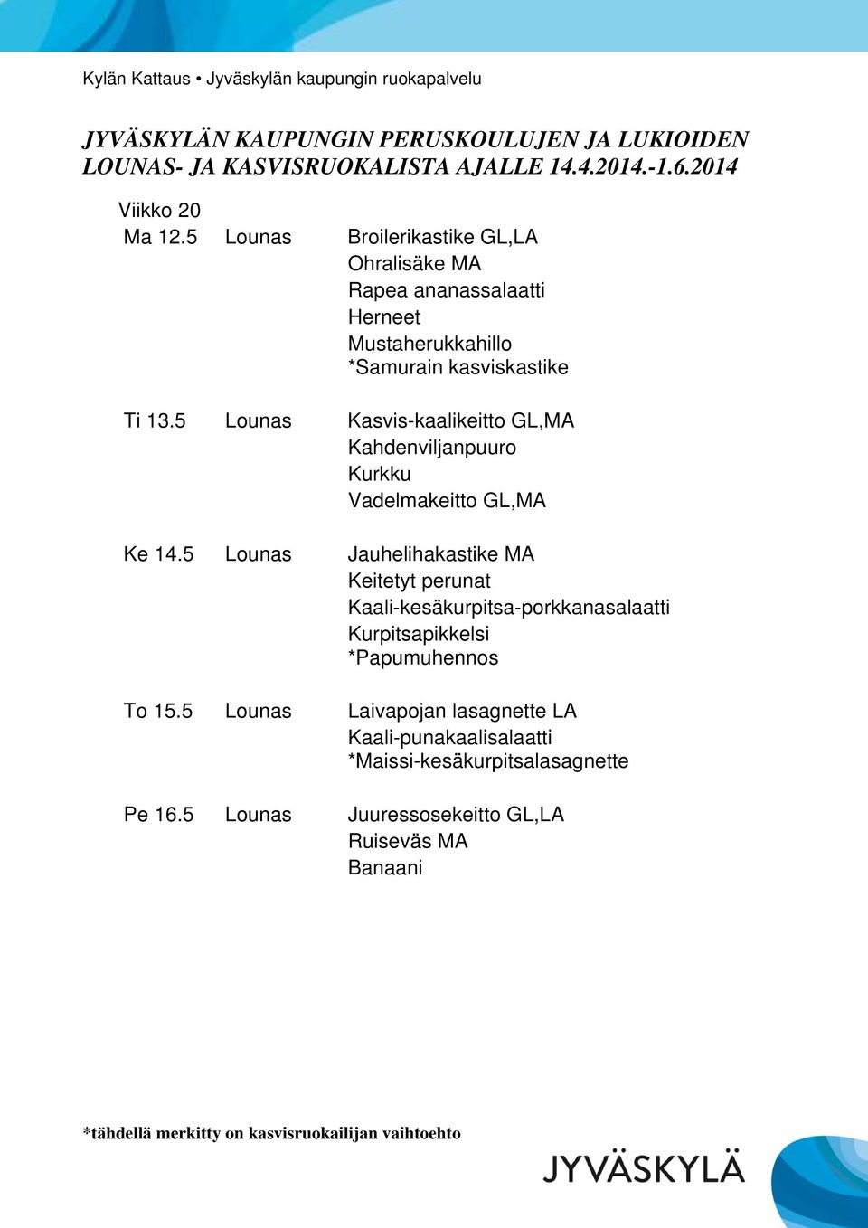 Ti 13.5 Lounas Kasvis-kaalikeitto GL,MA Kahdenviljanpuuro Vadelmakeitto GL,MA Ke 14.