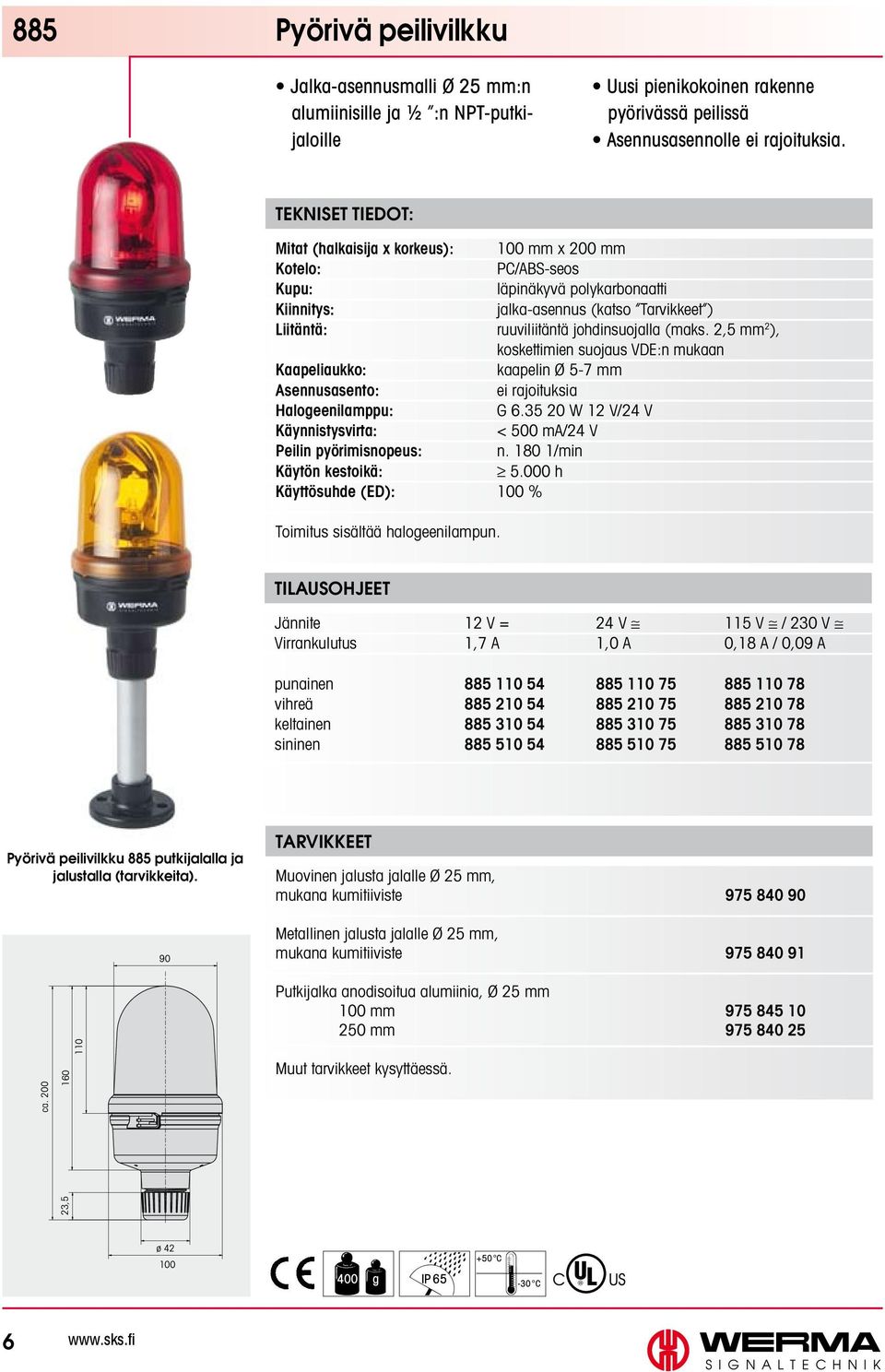 2,5 mm 2 ), koskettimien suojaus VDE:n mukaan kaapelin Ø 5-7 mm ei rajoituksia Halogeenilamppu: G 6.35 20 W 12 V/24 V < 500 ma/24 V Peilin pyörimisnopeus: n.