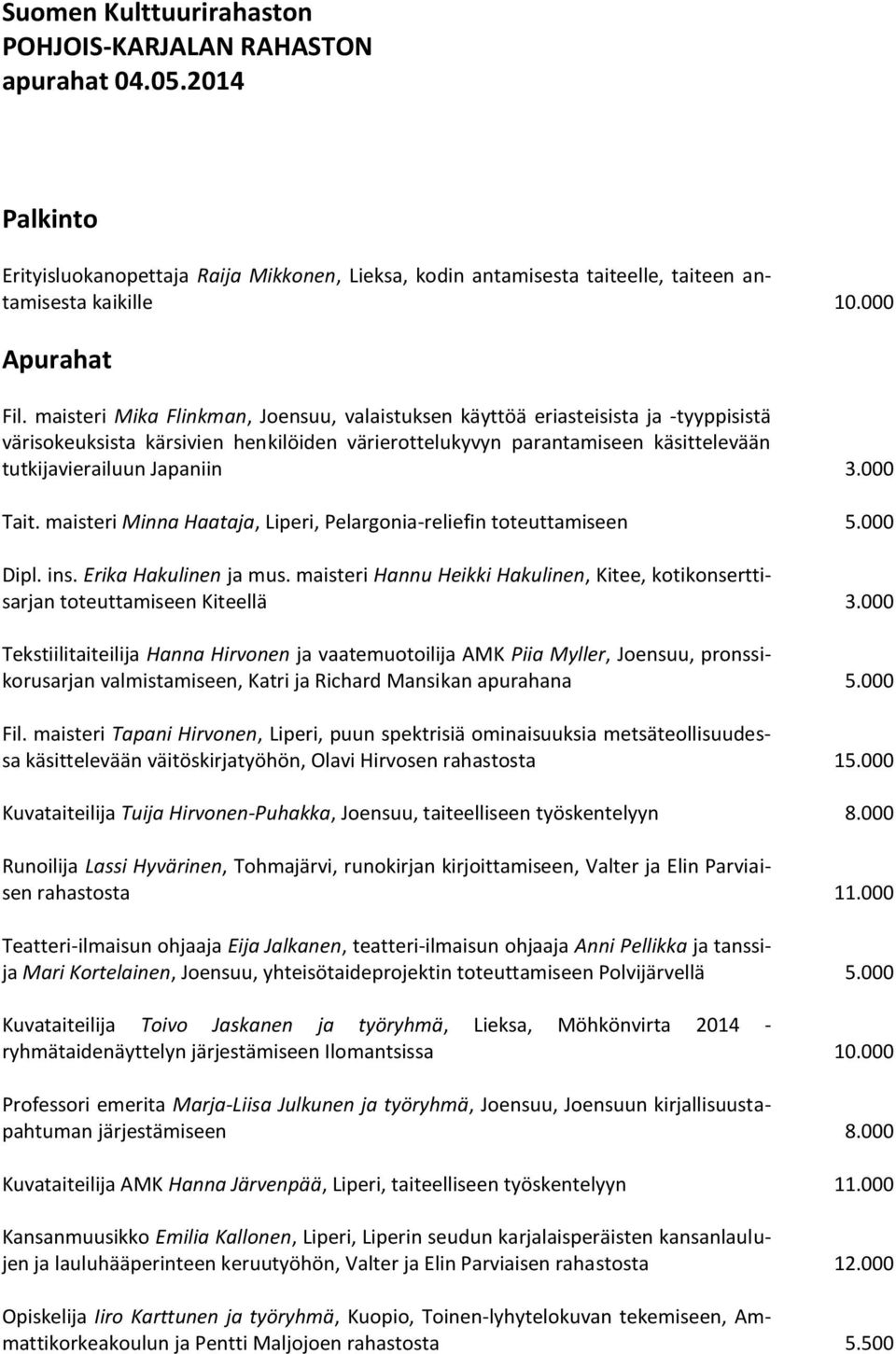 maisteri Mika Flinkman, Joensuu, valaistuksen käyttöä eriasteisista ja -tyyppisistä värisokeuksista kärsivien henkilöiden värierottelukyvyn parantamiseen käsittelevään tutkijavierailuun Japaniin 3.