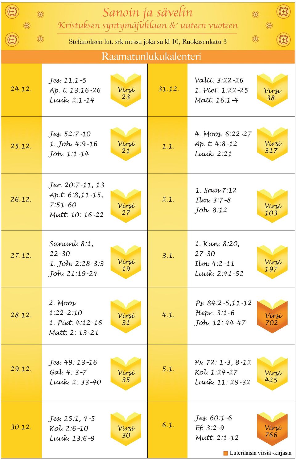 10: 16-22 27 2.1. 1. Sam 7:12 Ilm. 3:7 8 Joh. 8:12 103 27.12. Sananl. 8:1, 22-30 1. Joh. 2:28-3:3 Joh. 21:19-24 19 3.1. 1. Kun. 8:20, 27-30 Ilm. 4:2 11 Luuk. 2:41-52 197 28.12. 2. Moos. 1:22-2:10 1.