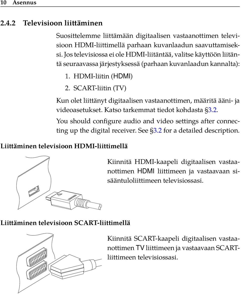 SCART-liitin (TV) Kun olet liittänyt digitaalisen vastaanottimen, määritä ääni- ja videoasetukset. Katso tarkemmat tiedot kohdasta 3.2.