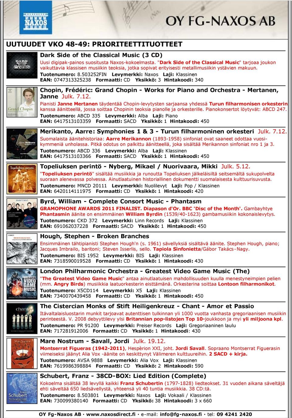 503252FIN Levymerkki: Naxos Laji: Klassinen EAN: 0747313325238 Formaatti: CD Yksikkö: 3 Hintakoodi: 340 Chopin, Frédéric: Grand Chopin - Works for Piano and Orchestra - Mertanen, Janne Julk. 7.12.