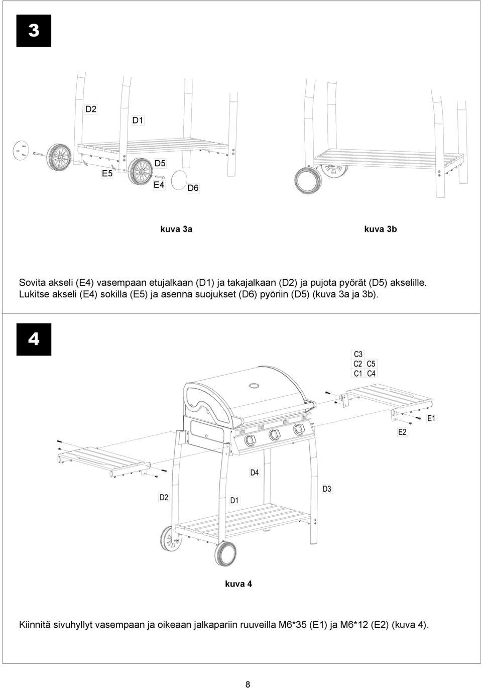 Lukitse akseli (E4) sokilla (E5) ja asenna suojukset (D6) pyöriin (D5) (kuva 3a