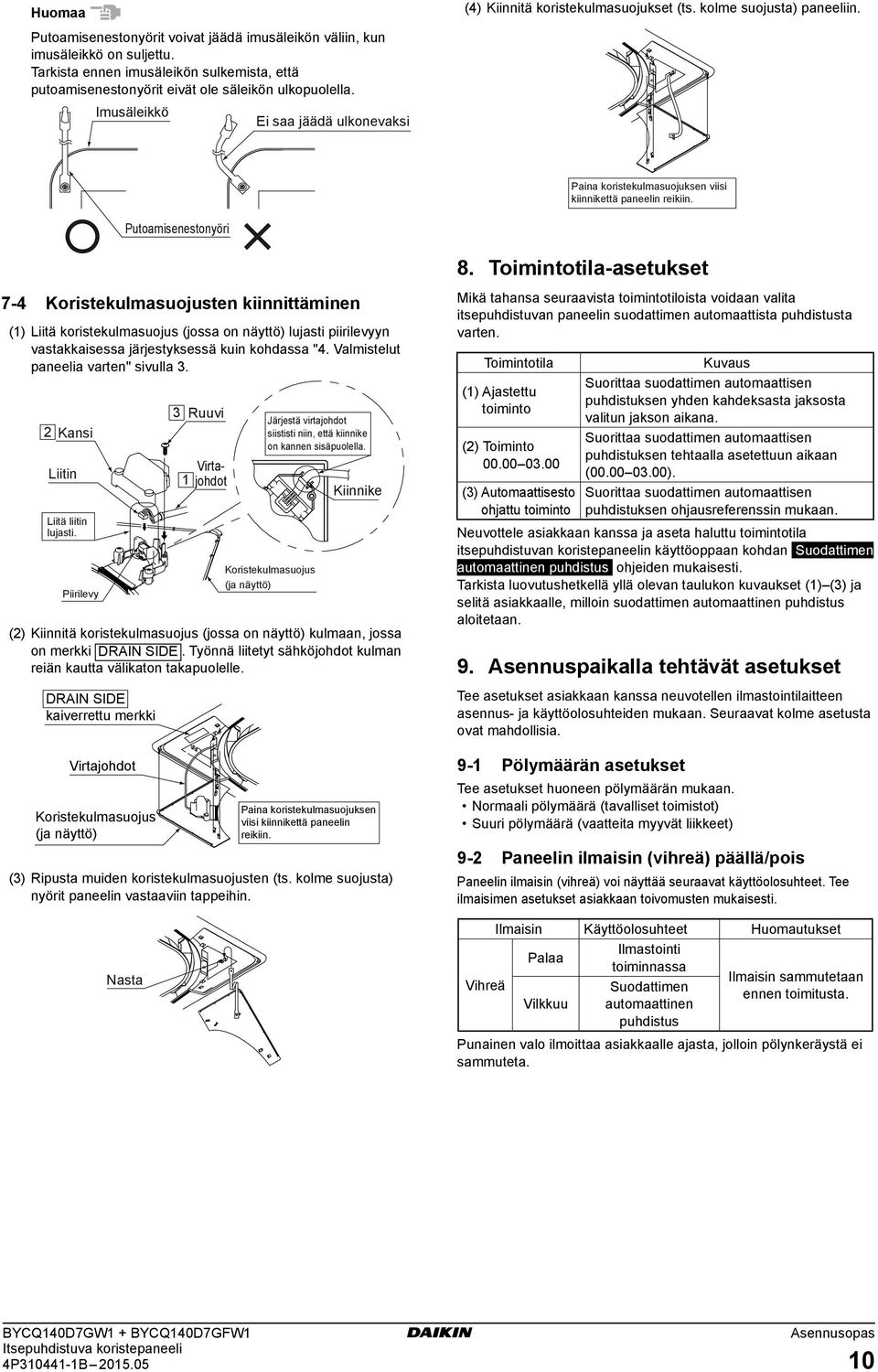 Toimintotila-asetukset 7- Koristekulmasuojusten kiinnittäminen () Liitä koristekulmasuojus (jossa on näyttö) lujasti piirilevyyn vastakkaisessa järjestyksessä kuin kohdassa ".