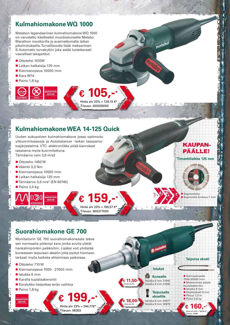 Ottoteho 1010W Laikan halkaisija 125 mm Kierrosnopeus 10000 /min Kara M14 Paino 1,8 kg 105,-* Hinta alv 23% = 129,15 * Tilausn.