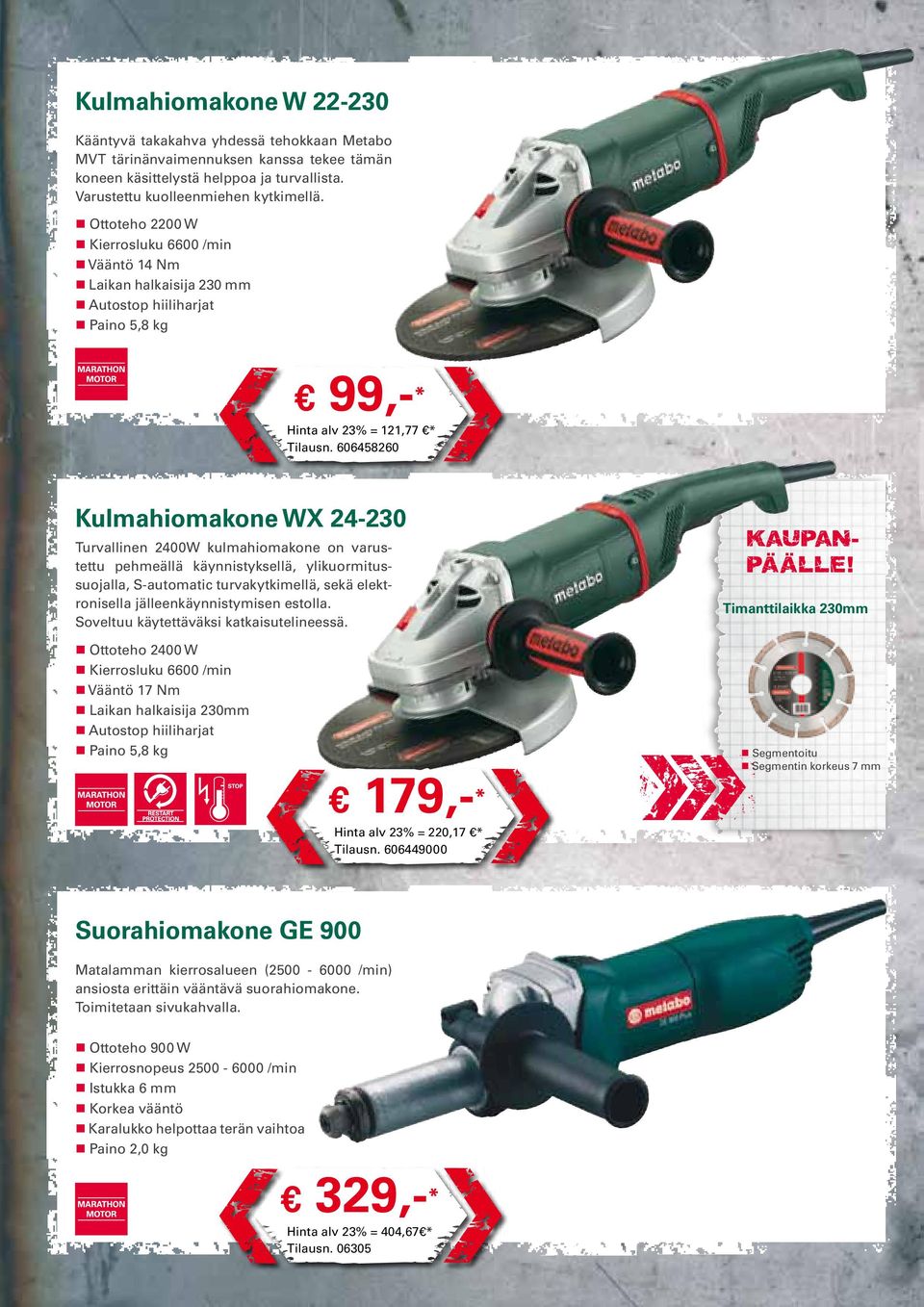 606458260 Kulmahiomakone WX 24-230 Turvallinen 2400W kulmahiomakone on varustettu pehmeällä käynnistyksellä, ylikuormitussuojalla, S-automatic turvakytkimellä, sekä elektronisella