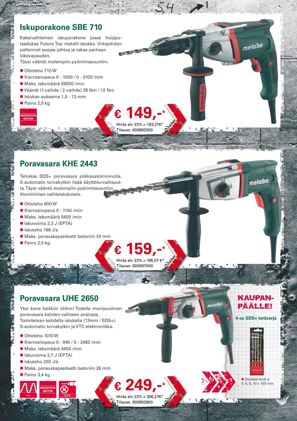 vaihde) 28 Nm / 12 Nm Istukan aukeama 1,5-13 mm Paino 2,5 kg 149,- * Hinta alv 23% = 183,27* Tilausn. 600862500 Poravasara KHE 2443 Tehokas SDS+ poravasara piikkaustoiminnolla.