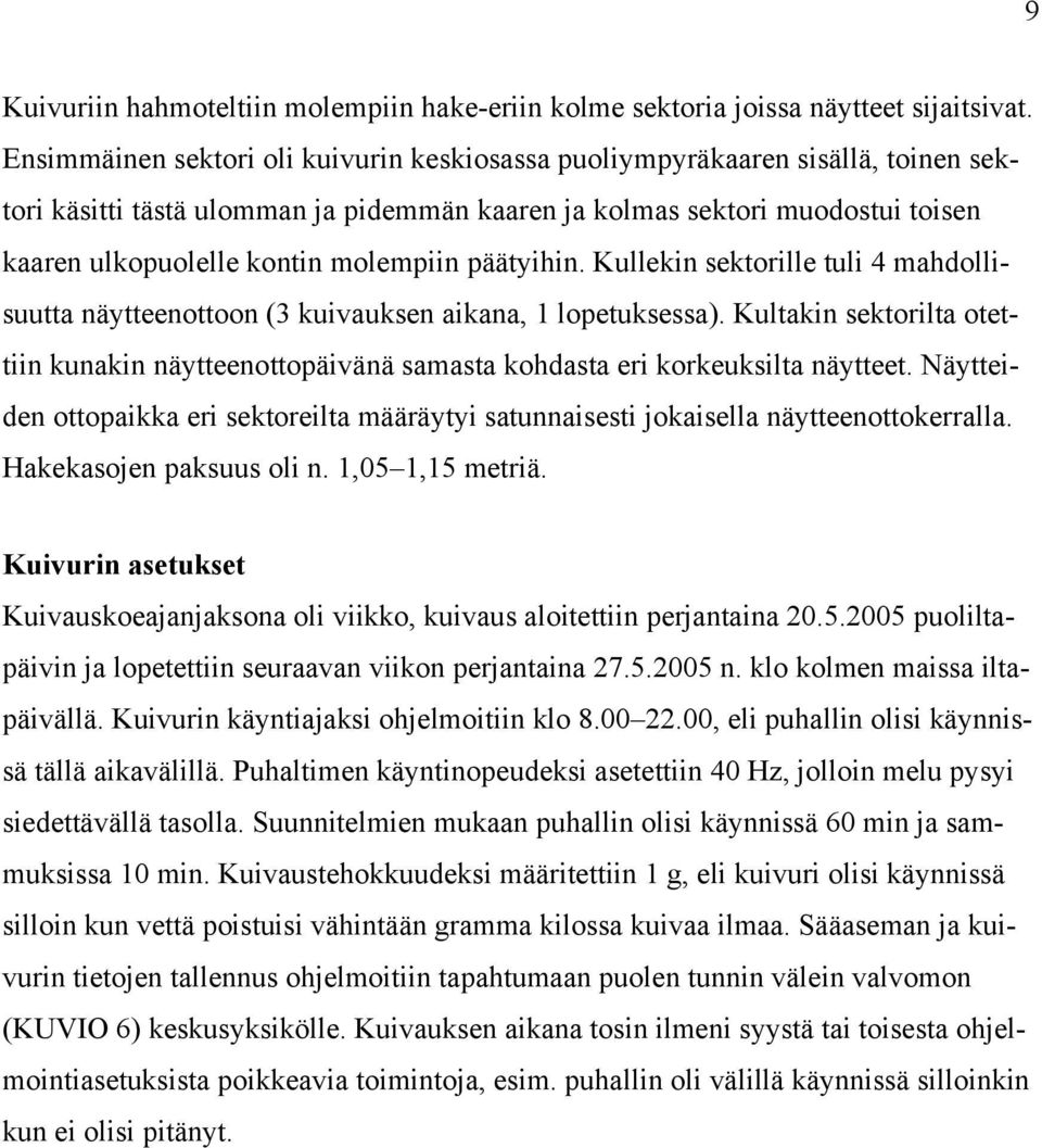 päätyihin. Kullekin sektorille tuli 4 mahdollisuutta näytteenottoon (3 kuivauksen aikana, 1 lopetuksessa).
