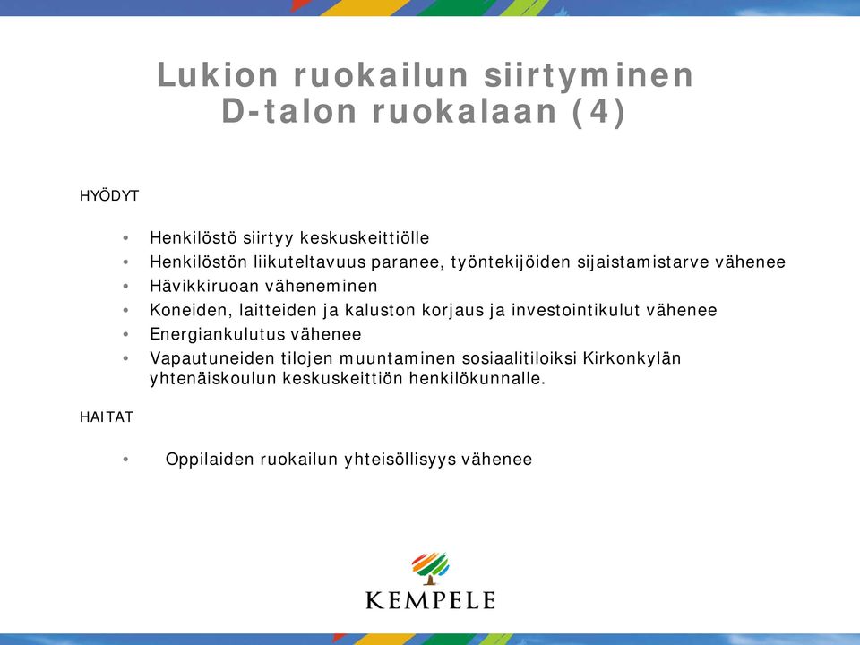 ja kaluston korjaus ja investointikulut vähenee Energiankulutus vähenee Vapautuneiden tilojen muuntaminen