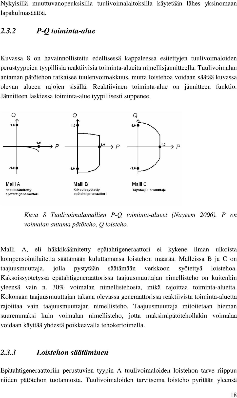 Tuulivoimalan antaman pätötehon ratkaisee tuulenvoimakkuus, mutta loistehoa voidaan säätää kuvassa olevan alueen rajojen sisällä. Reaktiivinen toiminta-alue on jännitteen funktio.