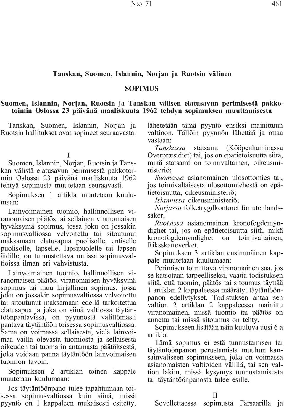 pakkotoimin Oslossa 23 päivänä maaliskuuta 1962 tehtyä sopimusta muutetaan seuraavasti.