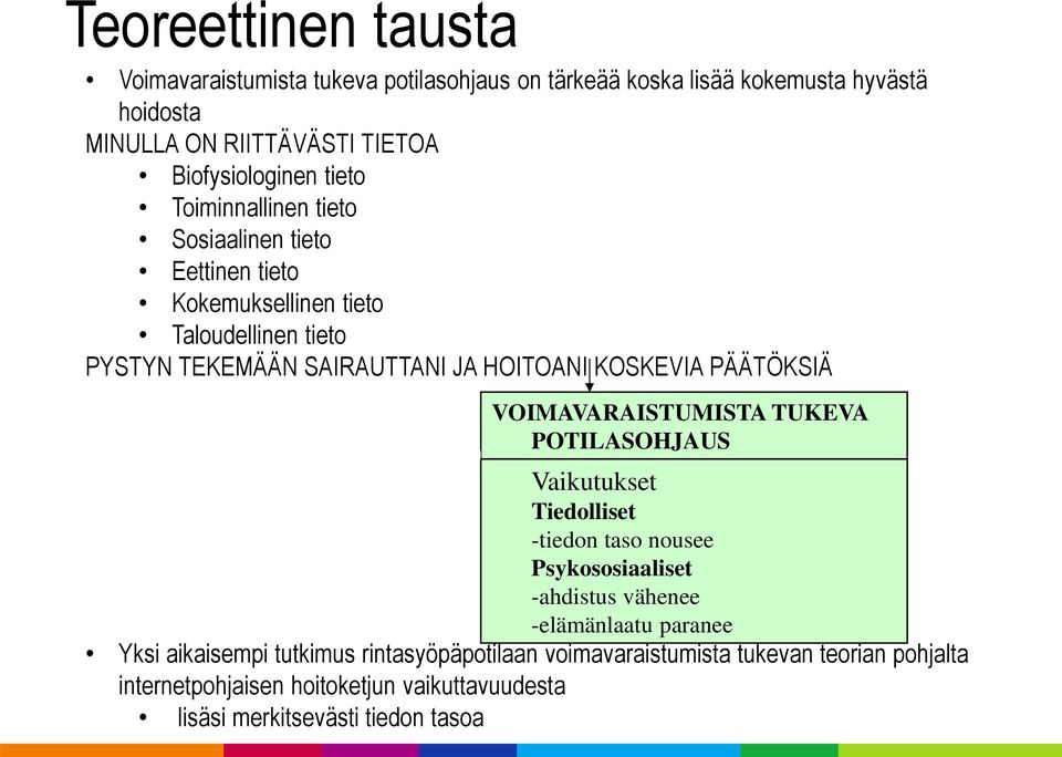 PÄÄTÖKSIÄ VOIMAVARAISTUMISTA TUKEVA POTILASOHJAUS Vaikutukset Tiedolliset -tiedon taso nousee Psykososiaaliset -ahdistus vähenee -elämänlaatu paranee Yksi