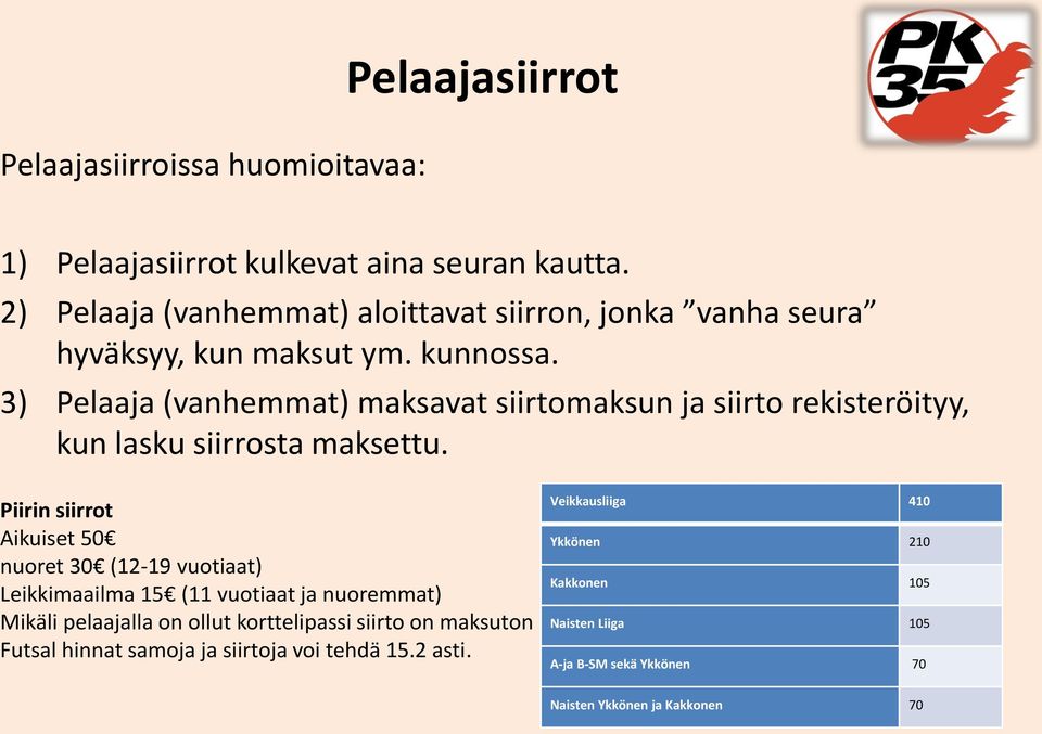 3) Pelaaja (vanhemmat) maksavat siirtomaksun ja siirto rekisteröityy, kun lasku siirrosta maksettu.