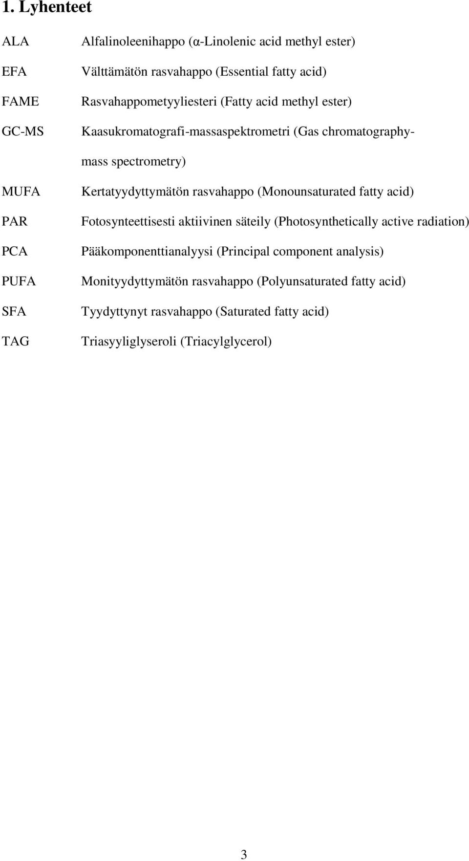 rasvahappo (Monounsaturated fatty acid) Fotosynteettisesti aktiivinen säteily (Photosynthetically active radiation) Pääkomponenttianalyysi (Principal