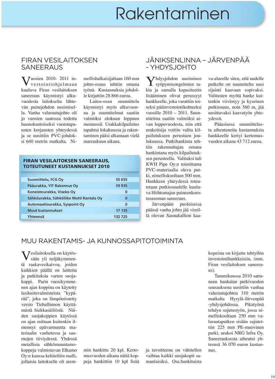 Ni- FIRAN VESILAITOKSEN SANEERAUS, TOTEUTUNEET KUSTANNUKSET 2010 mellishalkaisijaltaan 160 mm johto-osuus tehtiin omana työnä. Kustannuksia johdolle kirjattiin 28 866 euroa.