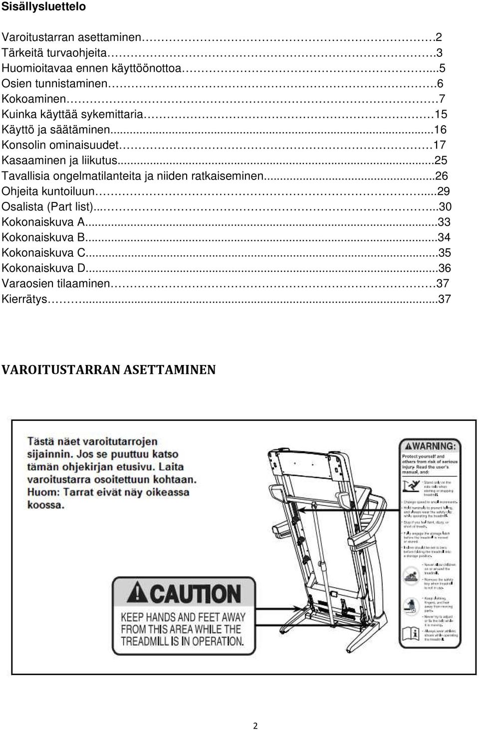 ..25 Tavallisia ongelmatilanteita ja niiden ratkaiseminen...26 Ohjeita kuntoiluun...29 Osalista (Part list)......30 Kokonaiskuva A.