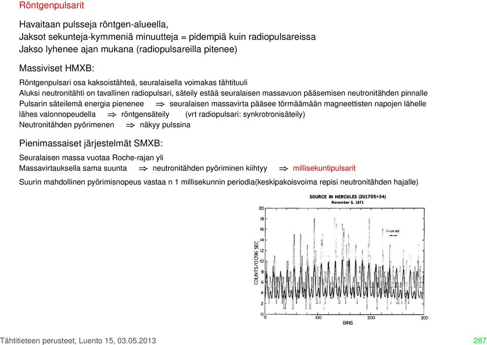 säteilemä energia pienenee seuralaisen massavirta pääsee törmäämään magneettisten napojen lähelle lähes valonnopeudella röntgensäteily (vrt radiopulsari: synkrotronisäteily) Neutronitähden pyörimenen