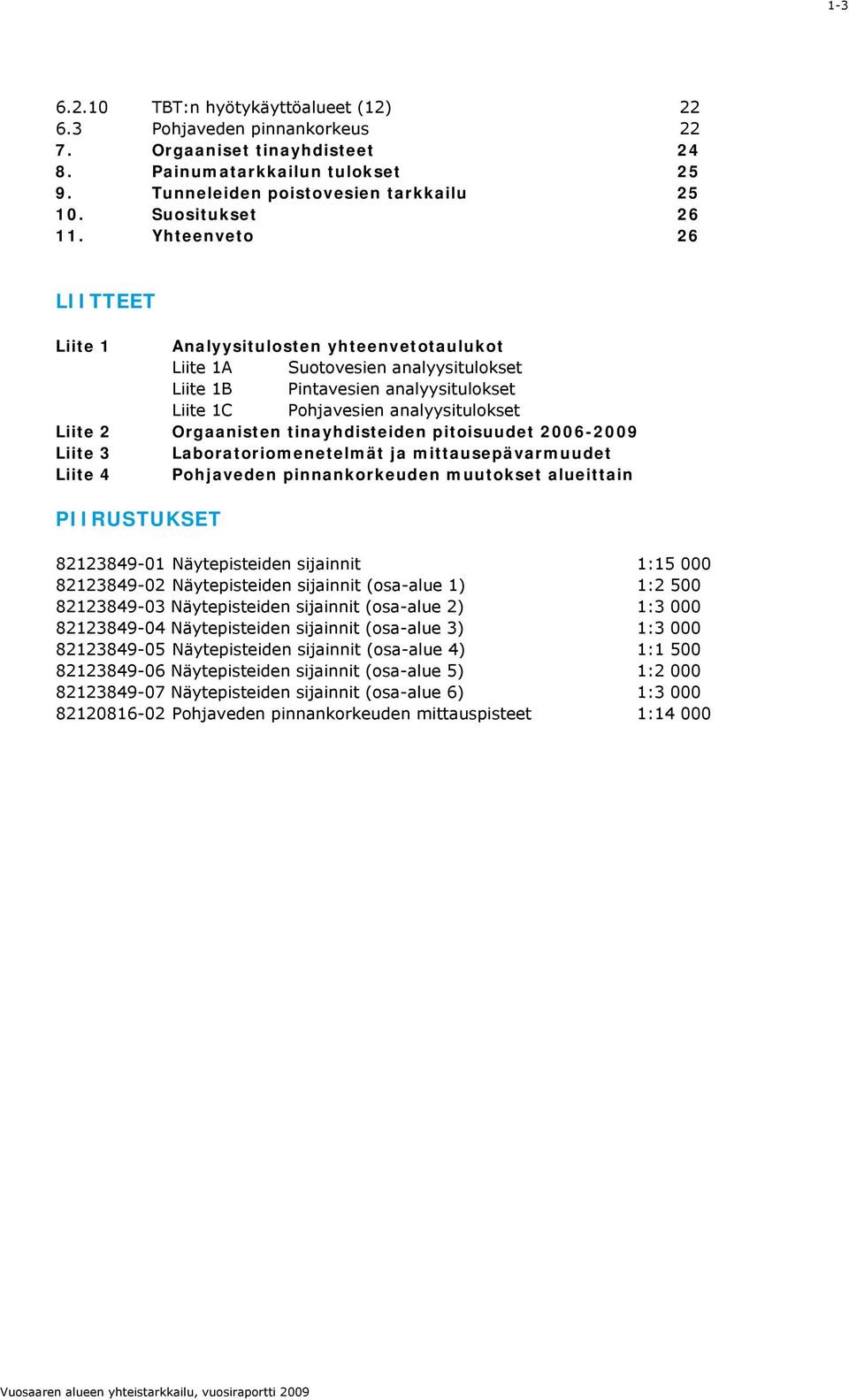 tinayhdisteiden pitoisuudet 006-009 Liite 3 Laboratoriomenetelmät ja mittausepävarmuudet Liite 4 Pohjaveden pinnankorkeuden muutokset alueittain PIIRUSTUKSET 813849-01 Näytepisteiden sijainnit 1:15