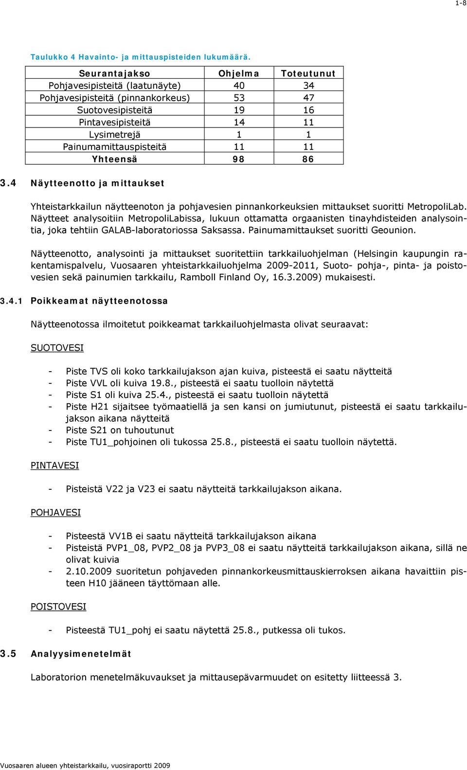 11 Yhteensä 98 86 3.4 Näytteenotto ja mittaukset Yhteistarkkailun näytteenoton ja pohjavesien pinnankorkeuksien mittaukset suoritti MetropoliLab.