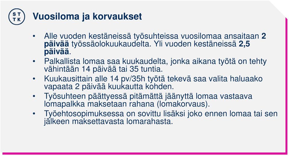 Kuukausittain alle 14 pv/35h työtä tekevä saa valita haluaako vapaata 2 päivää kuukautta kohden.