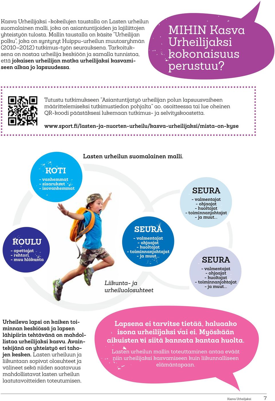 Tarkoituksena on nostaa urheilija keskiöön ja samalla tunnistaa, että jokaisen urheilijan matka urheilijaksi kasvamiseen alkaa jo lapsuudessa. MIHIN Kasva Urheilijaksi kokonaisuus perustuu?
