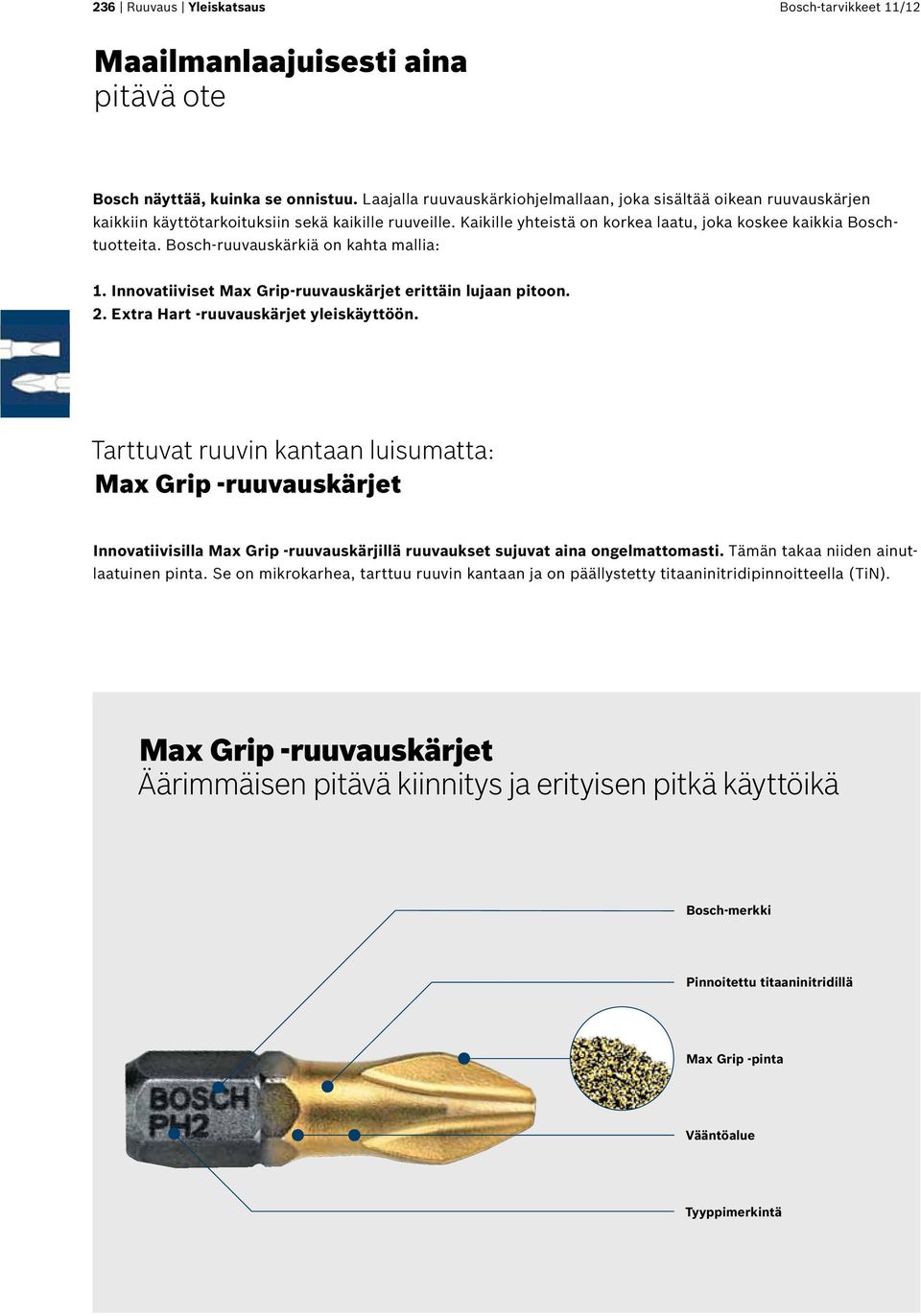 Bosch-ruuvauskärkiä on kahta mallia: 1. Innovatiiviset Max Grip-ruuvauskärjet erittäin lujaan pitoon. 2. Extra Hart -ruuvauskärjet yleiskäyttöön.