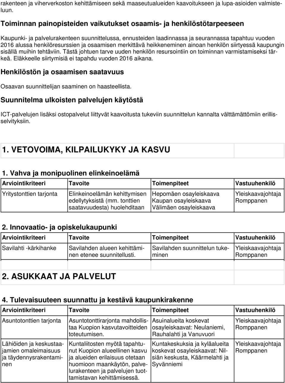 henkilöresurssien ja osaamisen merkittävä heikkeneminen ainoan henkilön siirtyessä kaupungin sisällä muihin tehtäviin.
