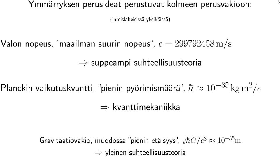 suhteellisuusteoria Planckin vaikutuskvantti, pienin pyörimismäärä, h 10 35 kg m 2 /s