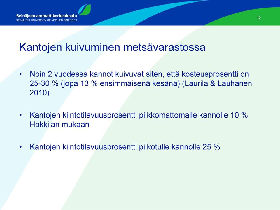 (Laurila & Lauhanen 2010) Kantojen kiintotilavuusprosentti pilkkomattomalle