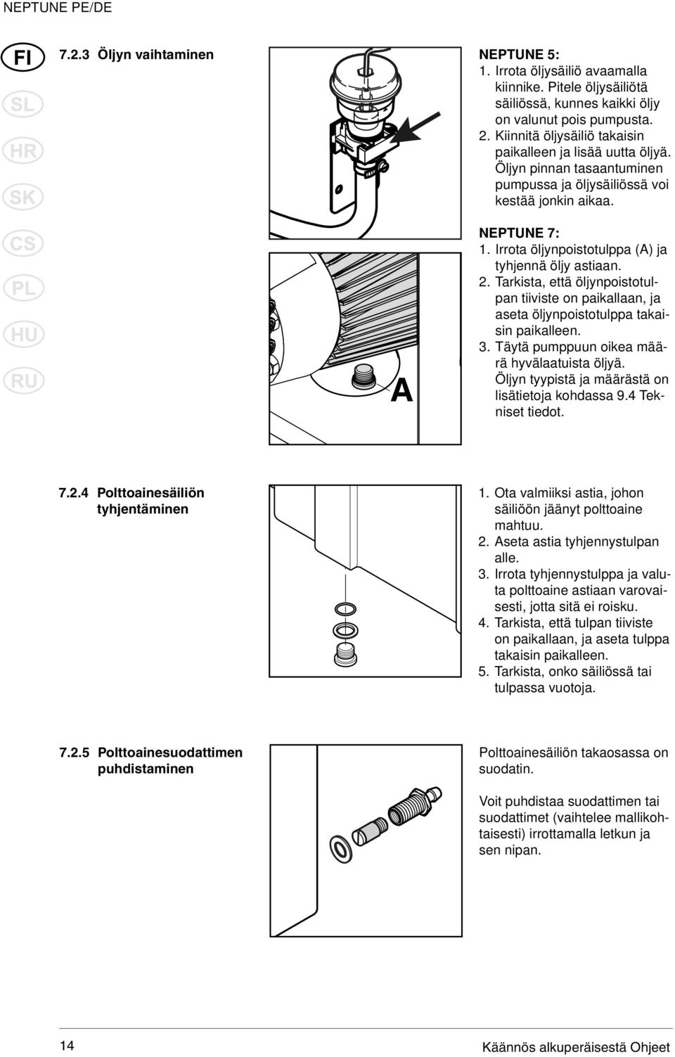 Irrota öljynpoistotulppa (A) ja tyhjennä öljy astiaan. 2. Tarkista, että öljynpoistotulpan tiiviste on paikallaan, ja aseta öljynpoistotulppa takaisin paikalleen. 3.