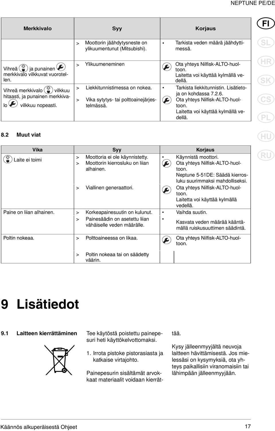 > > Liekkitunnistimessa on nokea. Vika sytytys- tai polttoainejärjestelmässä. Tarkista liekkitunnistin. Lisätietoja on kohdassa 7.2.6. Ota yhteys Nilfisk-ALTO-huoltoon.