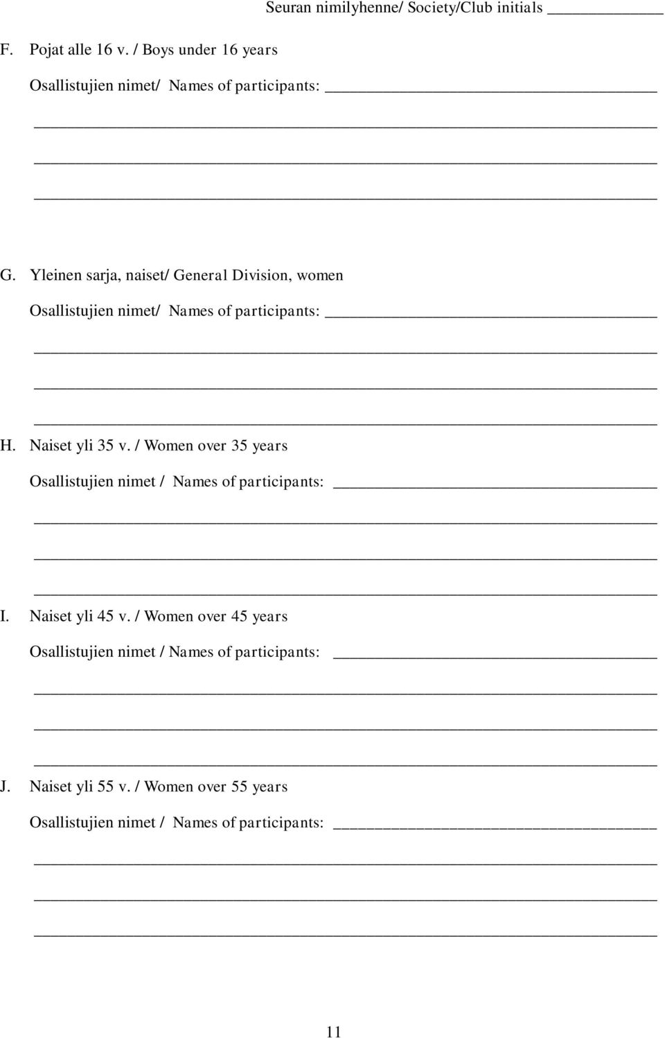 Yleinen sarja, naiset/ General Division, women Osallistujien nimet/ Names of