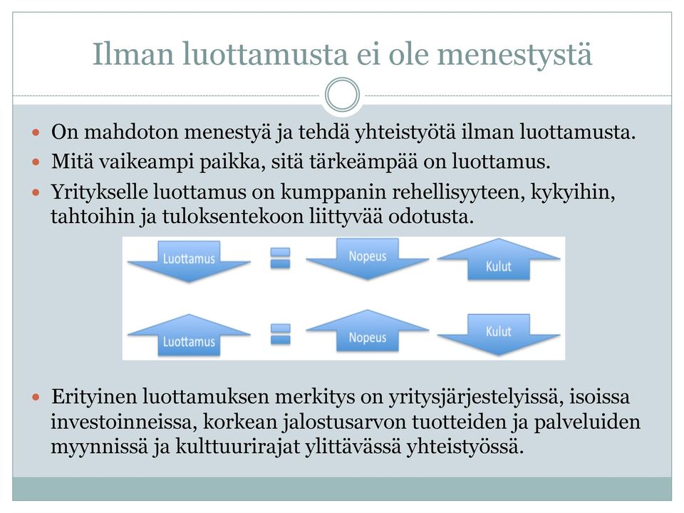 Yritykselle luottamus on kumppanin rehellisyyteen, kykyihin, tahtoihin ja tuloksentekoon liittyvää odotusta.